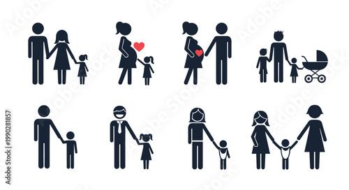 Comprehensive set of family icons representing different life stages like pregnancy, parenthood, and various structures.