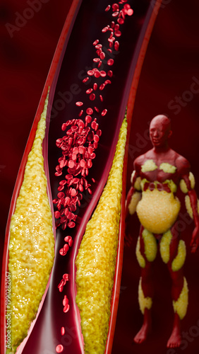 Artery clogged by unhealthy junk food, sugary drinks, and alcohol, illustrating serious cardiovascular risks, atherosclerosis, and heart disease problems in human blood vessels. 3D rendering.