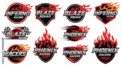 Set of Flaming Emblems and Badges for Racing Teams and Brands.