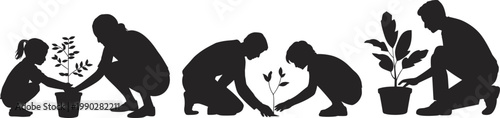 Silhouette of people planting trees, nurturing plants, environmental care, sustainability, family gardening, teamwork, growth, eco-friendly lifestyle, generational stewardship, nature connection