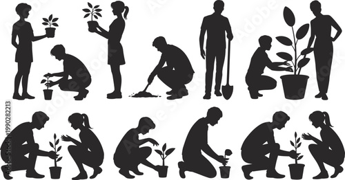 Gardening silhouettes, people planting, watering plants, eco lifestyle, environmental care, nature growth, sustainable living, horticulture, farming, outdoor activity, black figures