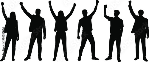 Silhouette business team unity, raised fists empowerment, collective action success, teamwork solidarity concept, leadership motivation, corporate strength, victory celebration, determination