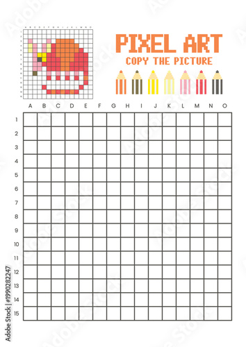 Copy the picture grid drawing worksheet for kids. Pixel art armadillo