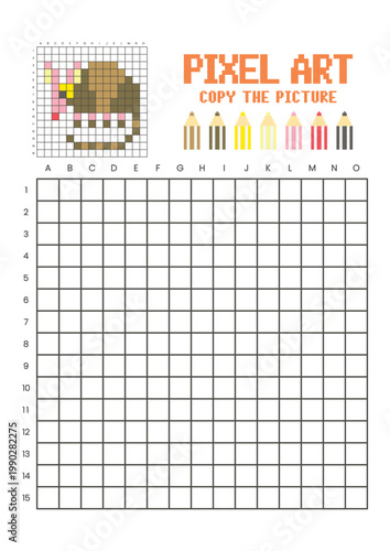 Copy the picture grid drawing worksheet for kids. Pixel art armadillo