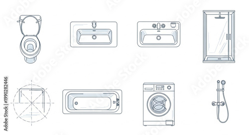 Set of bathroom fixtures and appliances line art drawings.