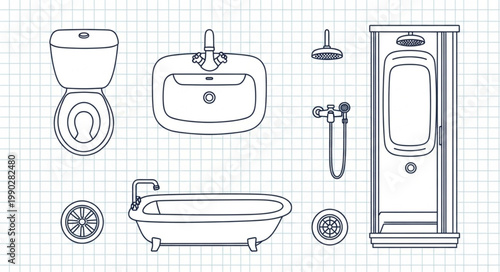 Bathroom fixtures line drawing on graph paper.