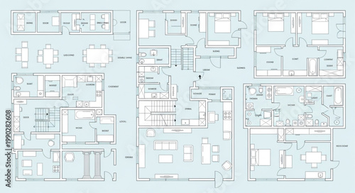 Architectural blueprints showing floor plans and building designs.