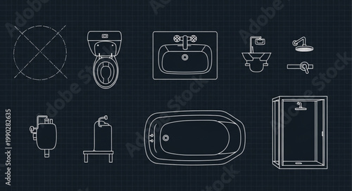 Collection of bathroom fixtures and fittings schematic drawings.