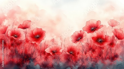 Vibrant Watercolor Field of Red Poppies with Soft Blurry Background and Gentle Light