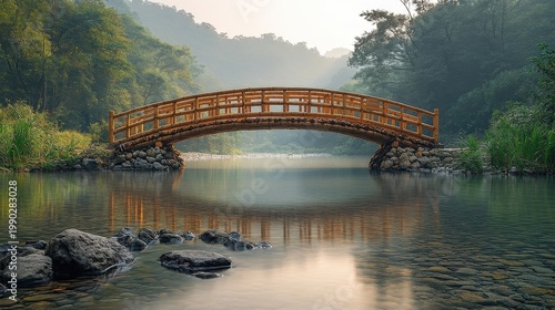 Wooden Arch Bridge Over Calm Water Reflecting Lush Green Trees Sunlight Shimmering Through Forest