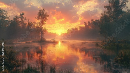 Vibrant Sunset Over Misty Swamp With Silhouetted Trees And Water Reflection
