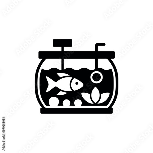 A black and white icon representing a fish tank with a single fish swimming inside, symbolizing aquatic life and pet ownership.