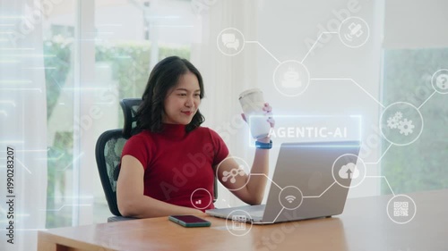 Young asian woman happy smile using search on phone Agent AI app retail shop store pay buy at home Modern Agentic bot order assisted people easy booking hotel ticket vacation smart life virtual wallet