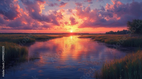 Vibrant Sunset Over Marshland With Fiery Clouds Reflected In Calm Water And Lush Green Grass
