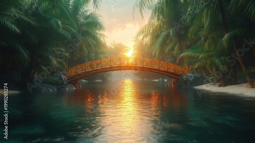 Serene Wooden Bridge Over Calm River at Golden Hour Sunrise Through Lush Green Foliage