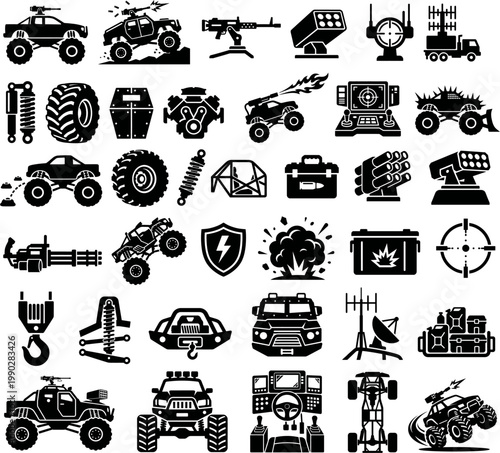 Off-road military vehicle and weapon vector icon set. Armed monster trucks, tactical gear, missile launchers, combat auto parts, and explosion silhouettes.