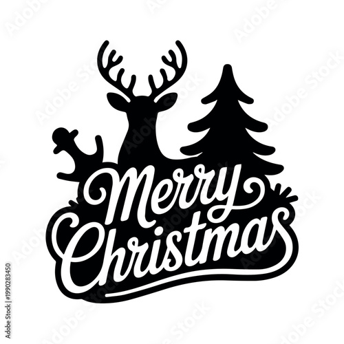 A festive black and white graphic design featuring a silhouette of a reindeer and a Christmas tree above bold 'Merry Christmas' lettering.