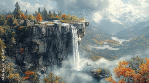 Majestic Waterfall Cascades Over Autumn Cliff Amidst Misty Mountains and Golden Forests