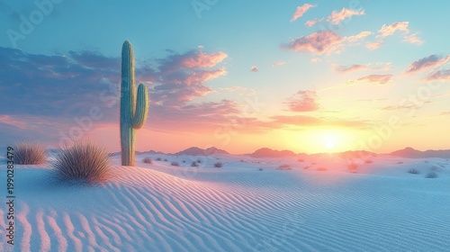 Pixelated Desert Landscape at Sunrise with Saguaro Cactus and Sand Dunes Under a Colorful Sky