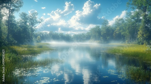 Misty Swamp At Sunrise With Sunbeams Filtering Through Green Trees Over Calm Water Reflections