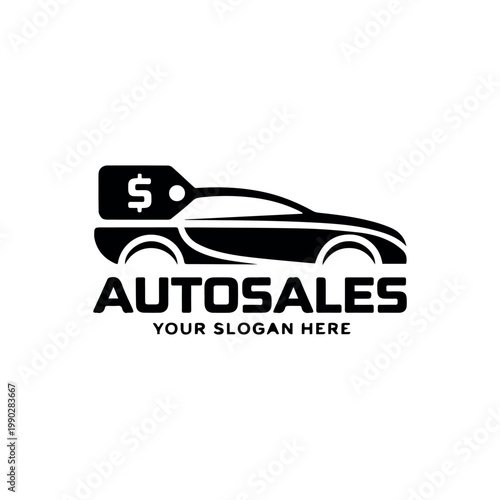 A sleek black and white logo design for 'AUTOSALES' featuring a car silhouette with a dollar sign tag, indicating vehicle sales and finance.