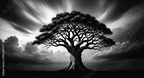 Tree Silhouette against Dramatic Cloudy Sky