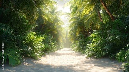 Lush Tropical Jungle Path With Sunlight Filtering Through Dense Green Foliage and Sandy Ground