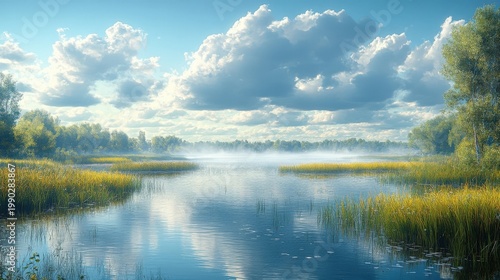 Serene Lake Reflections Amidst Lush Greenery Under a Vast Blue Sky with Fluffy White Clouds