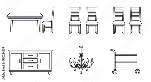 Dining Room Furniture Icon Set – Clean Black Outline Icons