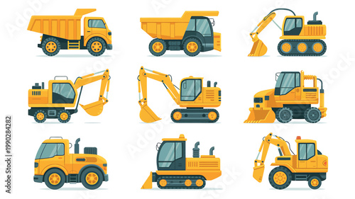 Collection of heavy construction vehicles and equipment for industry and building projects
