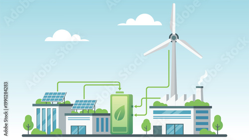 Smart renewable energy system with solar panels wind turbine and battery storage connected to buildings showing sustainable power grid and clean energy management