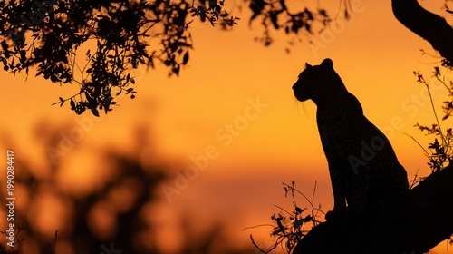 Silhouette of leopard sitting on tree branch against golden sunset sky.