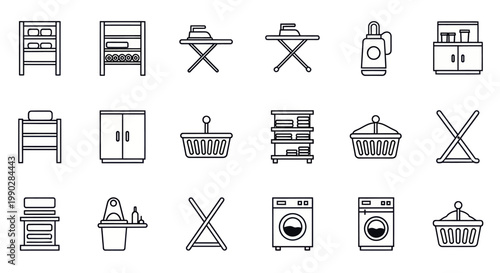 Laundry Room Furniture Icon Set – Utility Space Line Icons