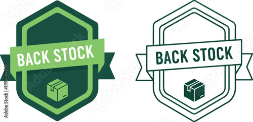 Green back stock badge icons with box symbol for inventory management and warehouse labeling