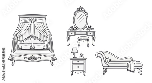 Luxury Bedroom Furniture Icon Set – Elegant Outline Icons