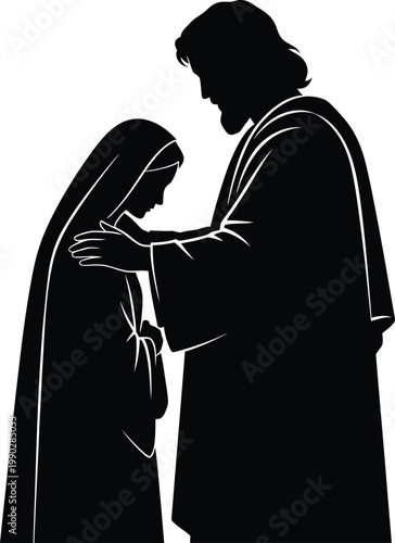 Jesus Christ Embracing Woman in Black Silhouette on White Background