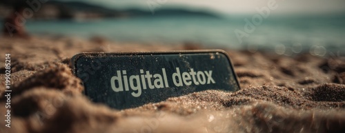 Smartphone with “digital detox” written on the screen on sandy beach  