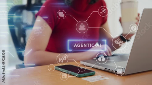 Young asian woman happy smile using search on phone Agent AI app retail shop store pay buy at home Modern Agentic bot order assisted people easy booking hotel ticket vacation smart life virtual wallet