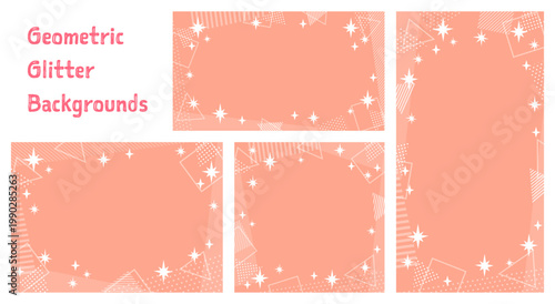 おしゃれな幾何学模様の背景セット。ピンクオレンジのキラキラ・ドット・ストライプのフレーム。