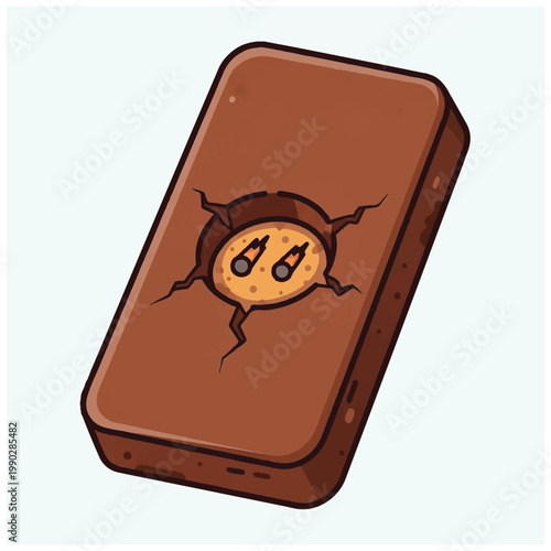 Cracked brown power bank with a surprised face peeking through.