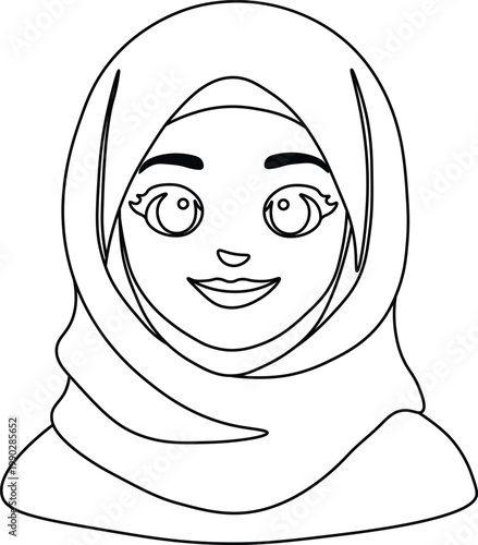 Muslim Woman Hijab Avatar Line Art Illustration