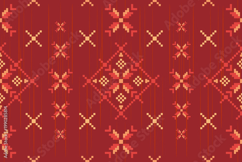 Traditional red ethnic textile pattern with geometric floral motifs. Seamless ornamental fabric design for wallpaper, fashion print, wrapping paper, and home decor.