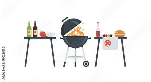 A summer barbecue with a grilled burger, hot coals in the grill, and bottles of drinks on a table, perfect for a cookout celebration