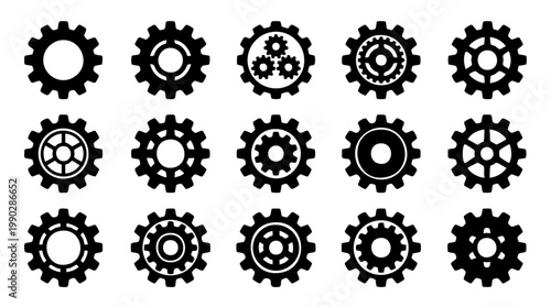Collection of diverse gear icons in a vector illustration style, representing mechanical components and industry