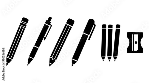 Vector illustration of assorted writing instruments including pencils, pens, and a sharpener