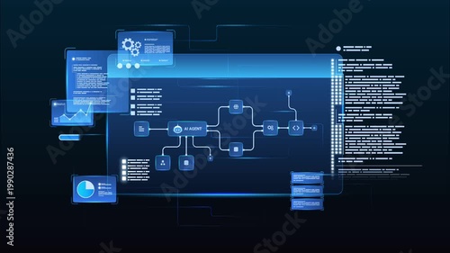 Futuristic AI automation workflow network diagram dashboard system data processing with automation pipelines, analytics dashboards, coding and automation system, looped animation