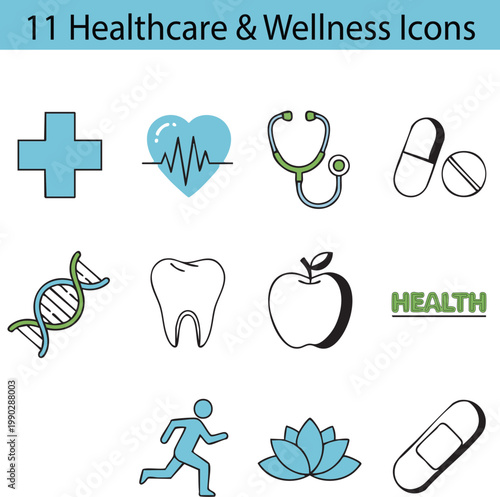 Healthcare and Wellness Icon Set – 11 Modern Medical Flat Vector Icons