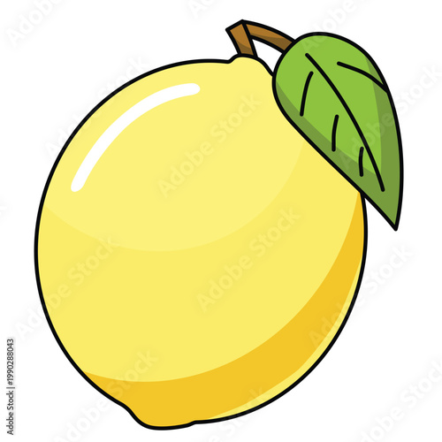 Single lemon fruit with stem and leaf, organic citrus food element in flat cartoon style