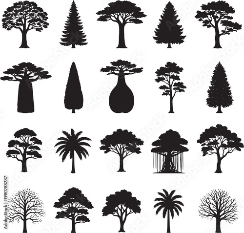 Set of twenty black tree silhouettes on a white background for graphic design use