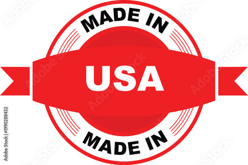 A red and white circular badge proclaiming made in usa proudly